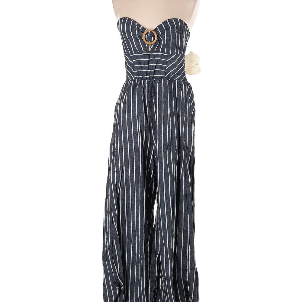 Altar'd State Navy and White Striped Strapless Jumpsuit